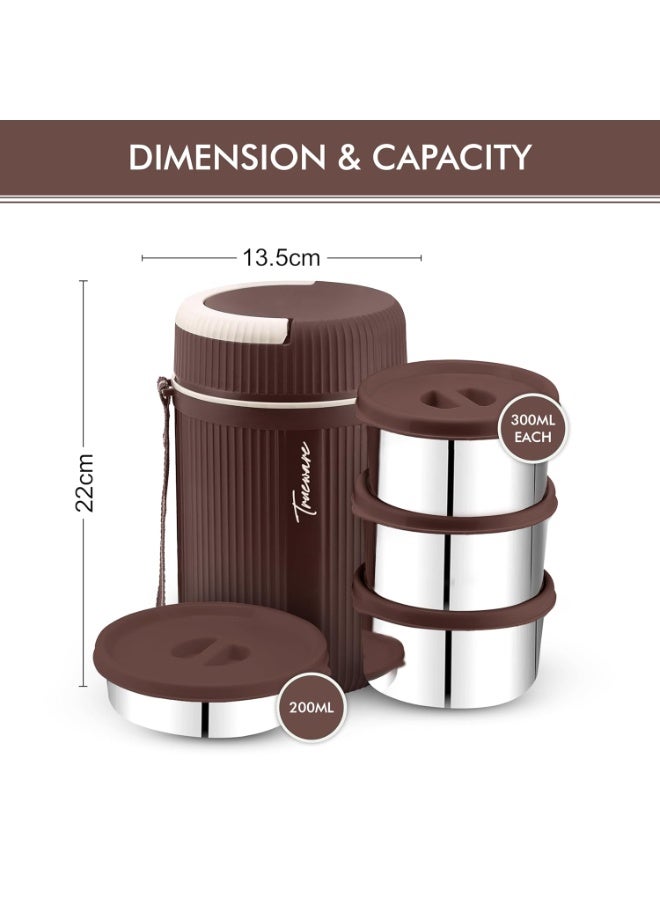 Trueware Plastic Grub 4 Double Wall Insulated Hot Lunch Box With 3 SS Container 300 Ml Each & 1 SS Container 200Ml | BPA Free | Food Grade | Hot And Fresh Many Hours (Extra Large, Brown) - Image 4