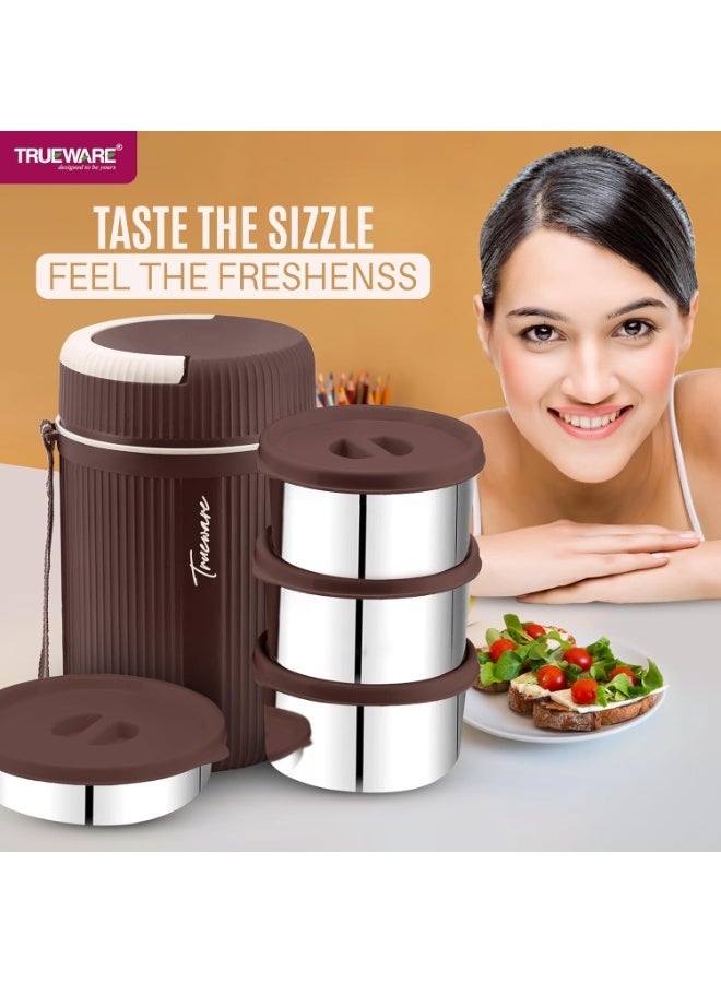 Trueware Plastic Grub 4 Double Wall Insulated Hot Lunch Box With 3 SS Container 300 Ml Each & 1 SS Container 200Ml | BPA Free | Food Grade | Hot And Fresh Many Hours (Extra Large, Brown) - Image 3
