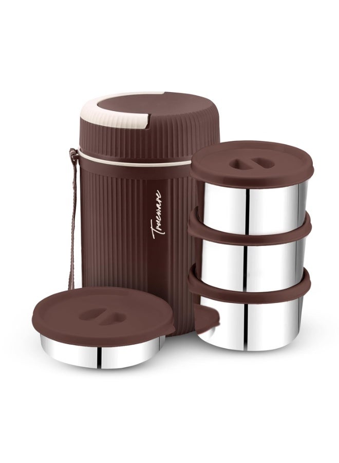 Trueware Plastic Grub 4 Double Wall Insulated Hot Lunch Box With 3 SS Container 300 Ml Each & 1 SS Container 200Ml | BPA Free | Food Grade | Hot And Fresh Many Hours (Extra Large, Brown) - Image 1
