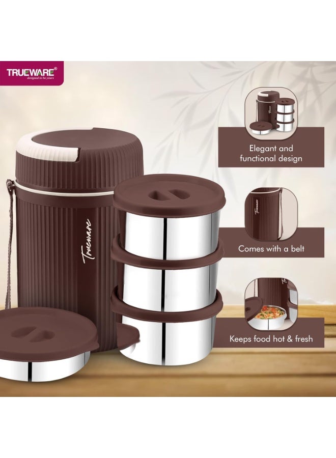 Trueware Plastic Grub 4 Double Wall Insulated Hot Lunch Box With 3 SS Container 300 Ml Each & 1 SS Container 200Ml | BPA Free | Food Grade | Hot And Fresh Many Hours (Extra Large, Brown) - Image 2
