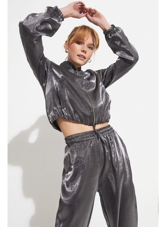 جون June Bright Fabric Bomber Jacket Anthracite