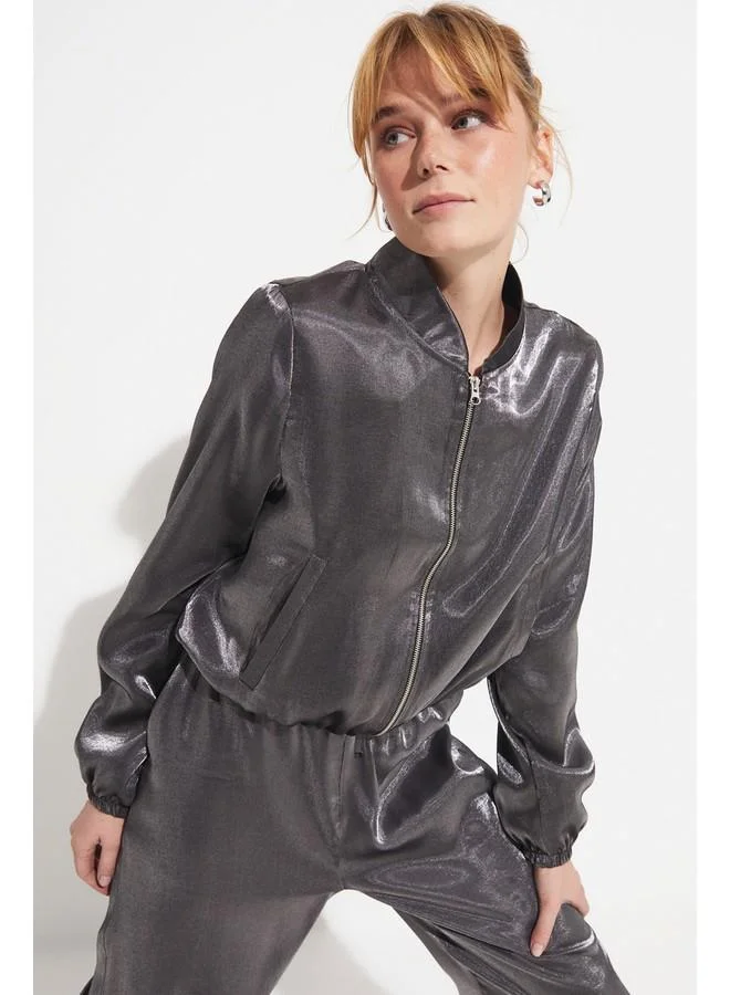 جون June Bright Fabric Bomber Jacket Anthracite