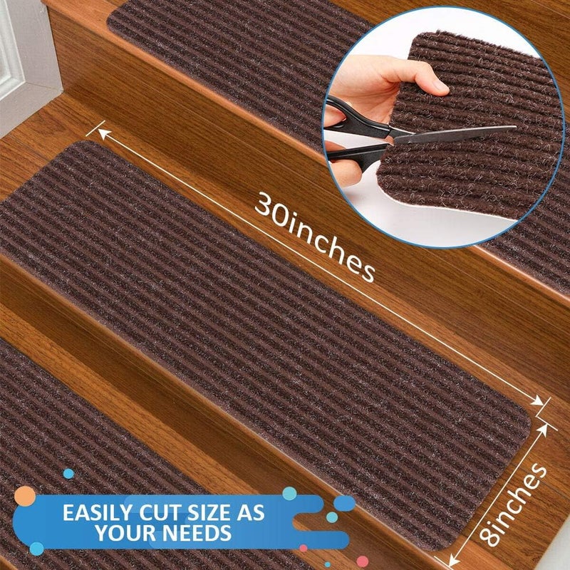 RIOLAND Stair Treads Carpet Non-Slip Indoor Stair Runners for Wooden Steps, Stair Rugs for Kids and Dogs, Set of 15, 8" X 30", Brown - Image 2