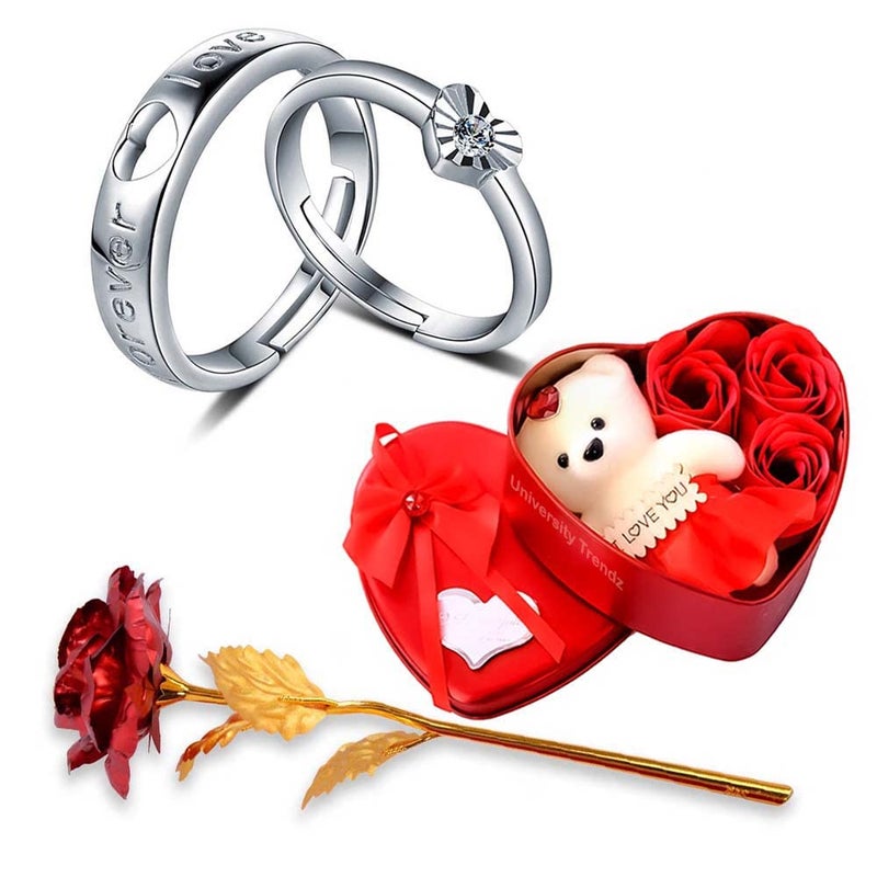 University Trendz University Trendz Valentine Special Adjustable His and Hers Engagement Ring Set with Artificial Red Rose Flower Box and Soft Teddy Bear for Girlfriend Wife Lover 