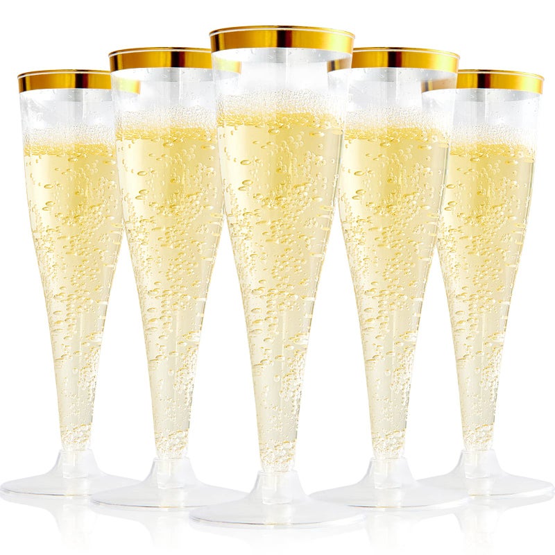 FOCUSLINE 100 Pack Plastic Champagne Flutes 45 Oz Gold Rim Plastic Champagne Glasses Disposable Clear Toasting Glasses Recyclable Champagne Cups for Wedding Party