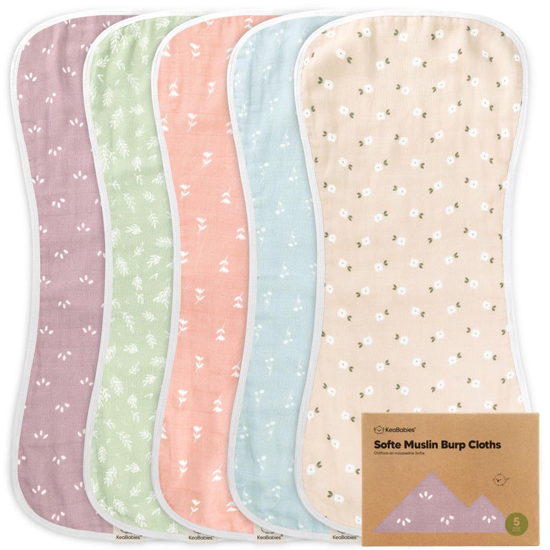 KeaBabies 5-Pack Muslin Burp Cloths Baby Boy, Girl - Very Absorbent Baby Burp Cloth Rags, 8-Layers Viscose Derived from Bamboo Cotton Muslin Towel, Super Soft Spit Up Rags, No Shrink Washcloths (Blooms) - Image 1