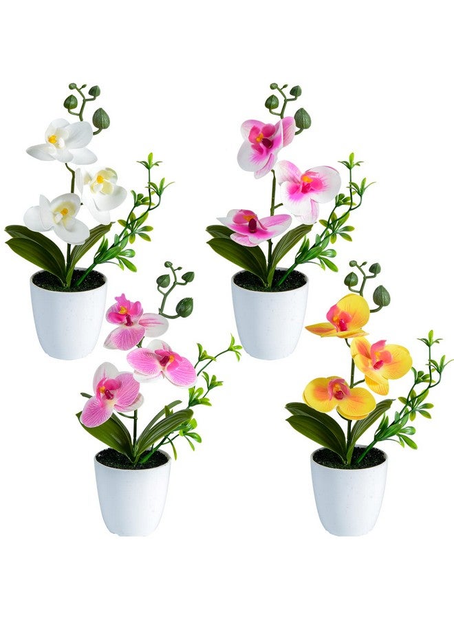 XONOR 4Pcs Artificial Orchid Flowers Mini Potted Orchid Flowers Fake Orchids With Plastic Vase For Home Office Wedding Table Centerpiece Decoration(White,Yellow,Pink,Light Pink) - Image 1