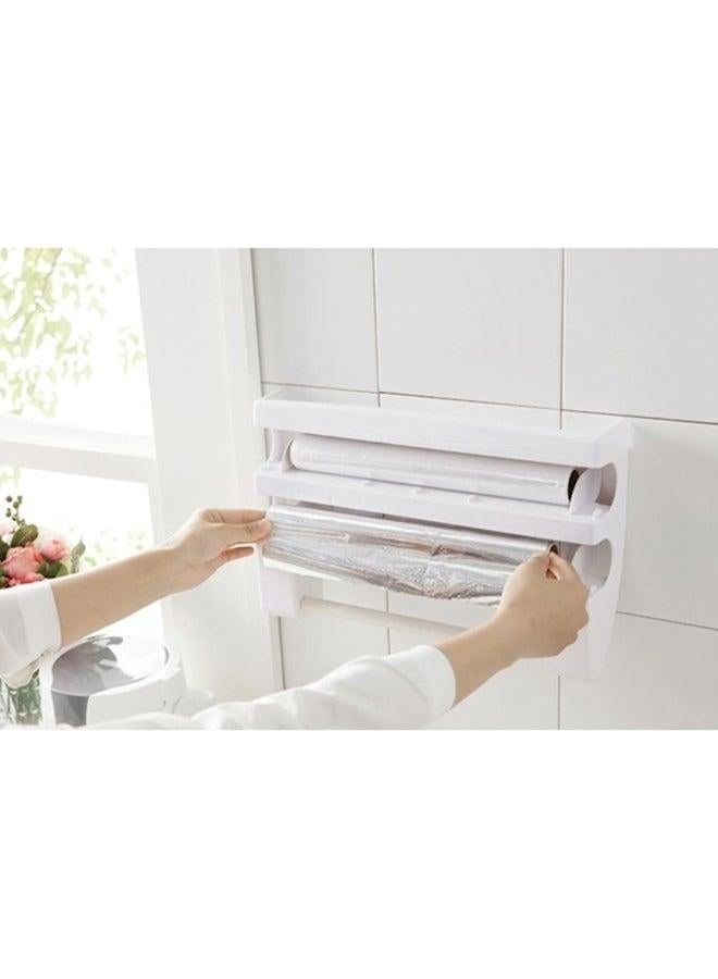 Multi-Function Kitchen Plastic Wrap Storage Rack With Cutter Aluminum Foil Becue Paper Towel White/Brown  - Image 2