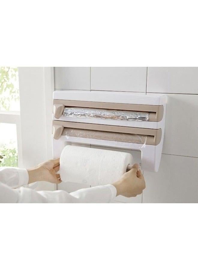 Multi-Function Kitchen Plastic Wrap Storage Rack With Cutter Aluminum Foil Becue Paper Towel White/Brown  - Image 3