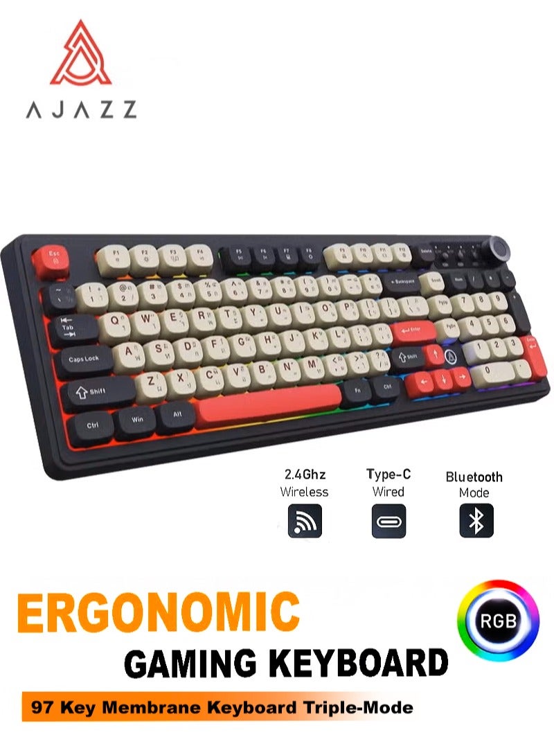A-jazz AF98 لوحة مفاتيح ثلاثية الوضعية لاسلكية/سلكية مع إضاءة خلفية RGB، مفاتيح عائمة من ABS، تصميم مريح قابل للتعديل، بطارية 4000 مللي أمبير، وأدوات تحكم متعددة الوسائط – متوافقة مع ويندوز، ماك، iOS، وأندرويد - Image 1