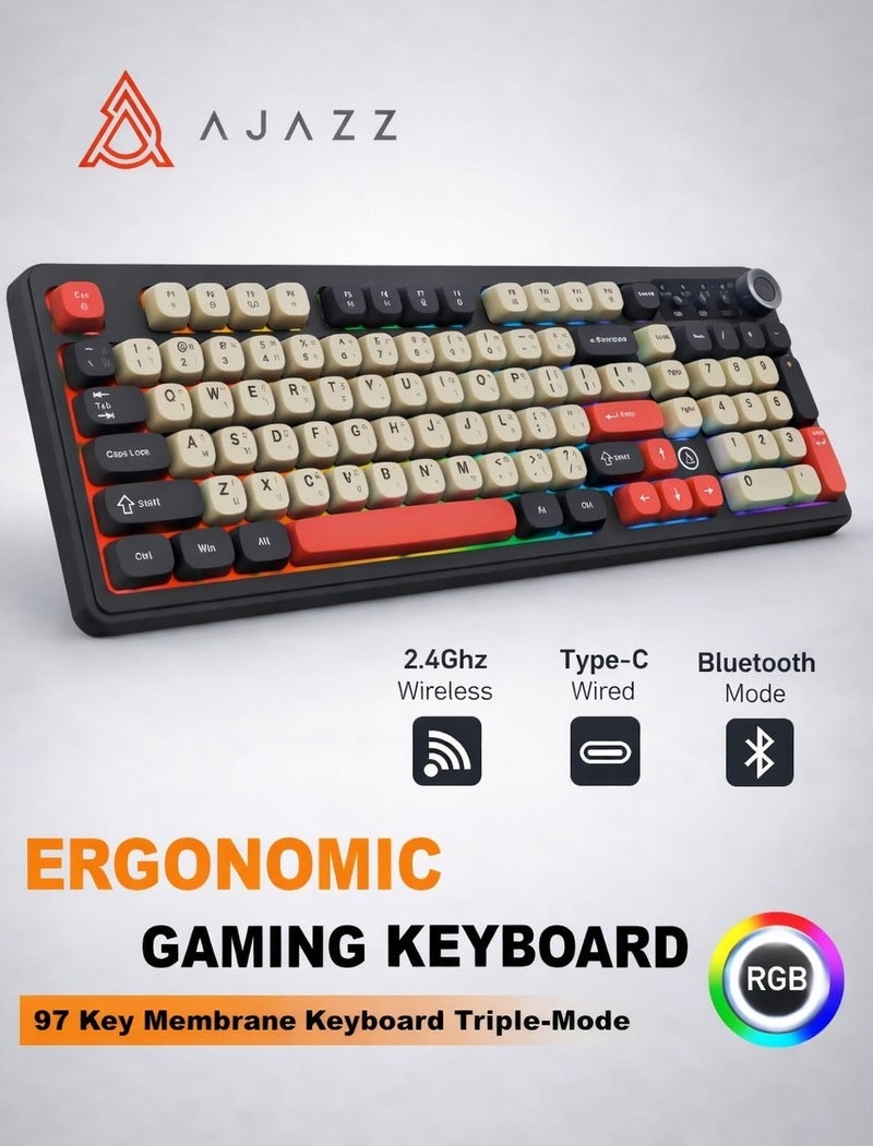 A-jazz AF98 PLUS Tri-Mode Wireless Membrane Keyboard, 97-Key Compact Layout with Numpad, Bluetooth/2.4G/USB-C, RGB Backlit, Volume Knob, 4000mAh Battery, for Windows Mac Android - Image 3