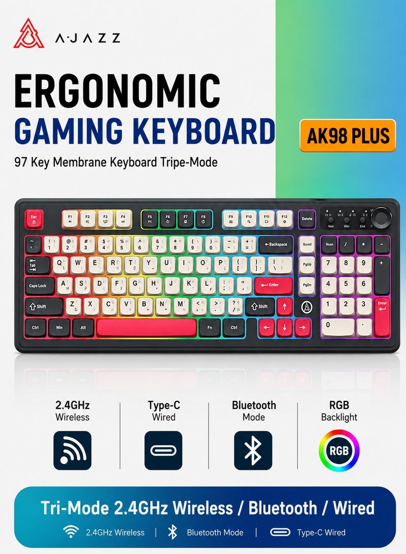 A-jazz AF98 PLUS Tri-Mode Wireless Membrane Keyboard, 97-Key Compact Layout with Numpad, Bluetooth/2.4G/USB-C, RGB Backlit, Volume Knob, 4000mAh Battery, for Windows Mac Android - Image 1