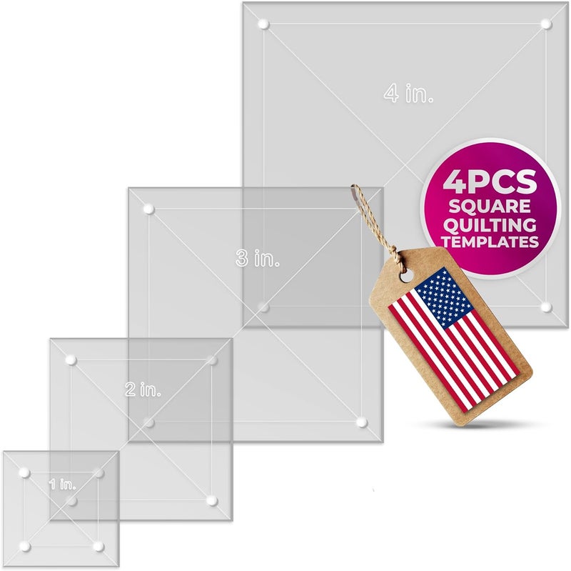 LaserThing Quilting Acrylic Template Set | Precision Tools for Quilting Enthusiasts | Square Design | Includes Sizes 4", 3", 2", 1" | 1/8 Clear Acrylic | 1/4" Seam Allowance for Accuracy - Image 1