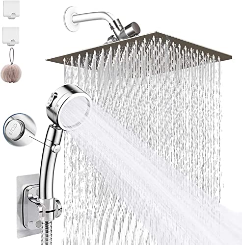 bellearly Shower Head, 8" High Pressure Rainfall Stainless Steel Shower Head / 3 Settings On/Off Handshower Combo with Shower Holder and 87" Hose (Chrome) - Image 1