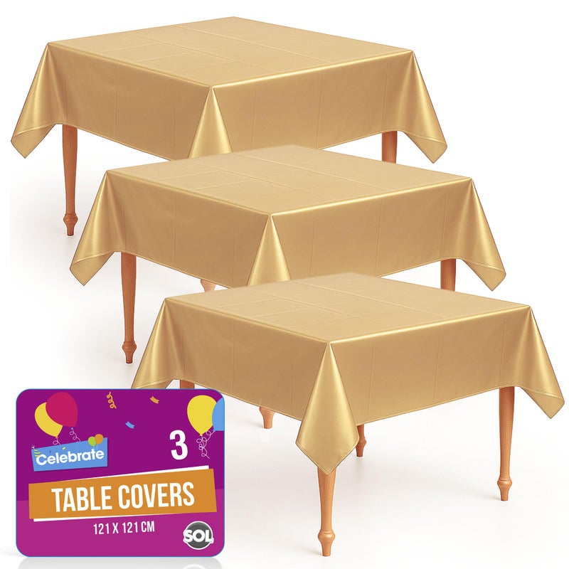 SOL 3pk Gold Table Cover 121x121cm Party Table Cloth Plastic Disposable Tablecloths for Parties  Elegant Durable Design  Perfect for Weddings Birthdays Buffets Indoor  Outdoor Events
