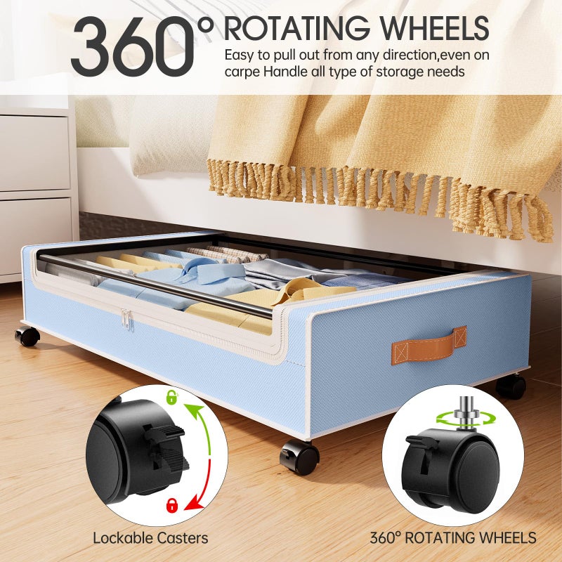 Yecaye Under Bed Storage with Wheels, 2 Pack Under Bed Storage Containers, 60L Underbed Shoe Storage with Clear Window & Label, Rolling Under Bed Metal Drawer for Clothes, Shoes, Books, Blankets, Blue - Image 4
