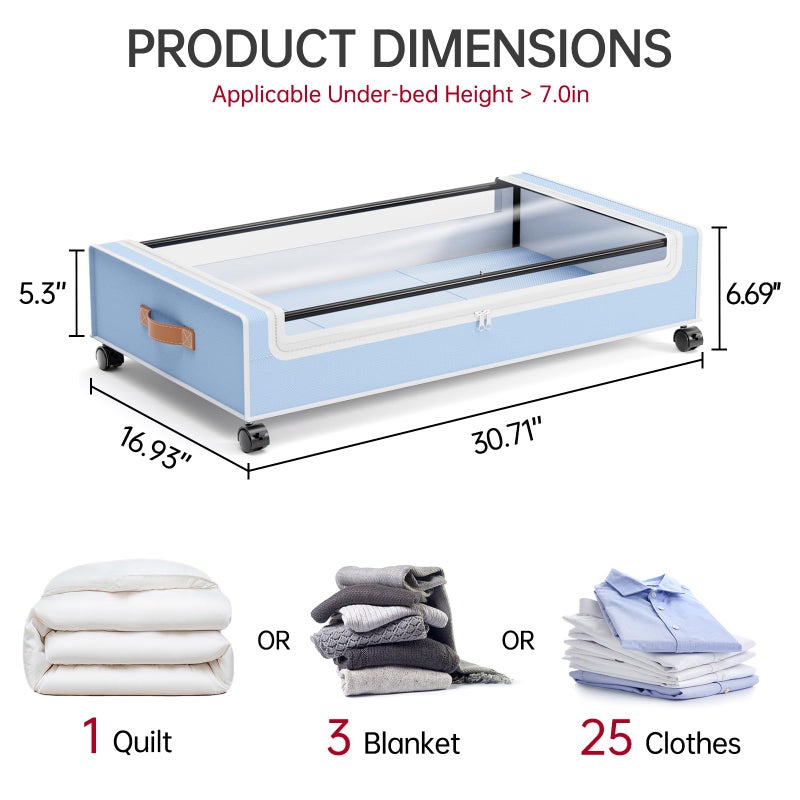 Yecaye Under Bed Storage with Wheels, 2 Pack Under Bed Storage Containers, 60L Underbed Shoe Storage with Clear Window & Label, Rolling Under Bed Metal Drawer for Clothes, Shoes, Books, Blankets, Blue - Image 2