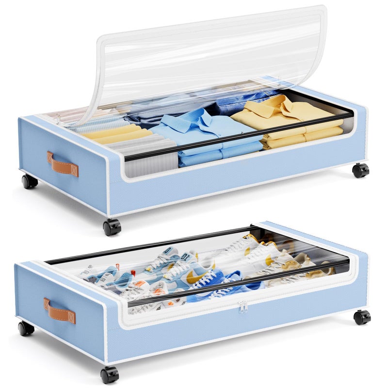 Yecaye Under Bed Storage with Wheels, 2 Pack Under Bed Storage Containers, 60L Underbed Shoe Storage with Clear Window & Label, Rolling Under Bed Metal Drawer for Clothes, Shoes, Books, Blankets, Blue - Image 1