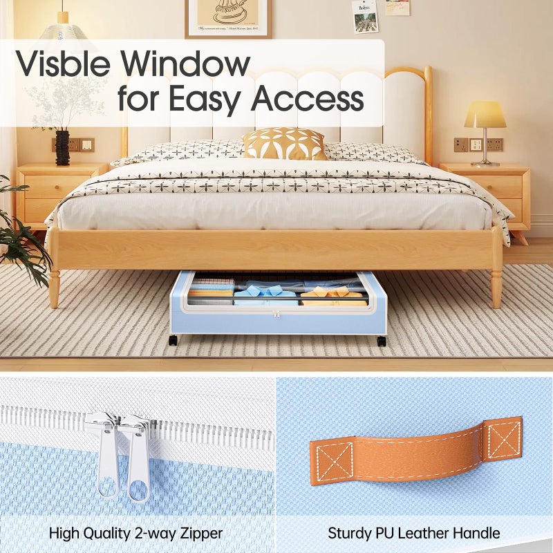 Yecaye Under Bed Storage with Wheels, 2 Pack Under Bed Storage Containers, 60L Underbed Shoe Storage with Clear Window & Label, Rolling Under Bed Metal Drawer for Clothes, Shoes, Books, Blankets, Blue - Image 5