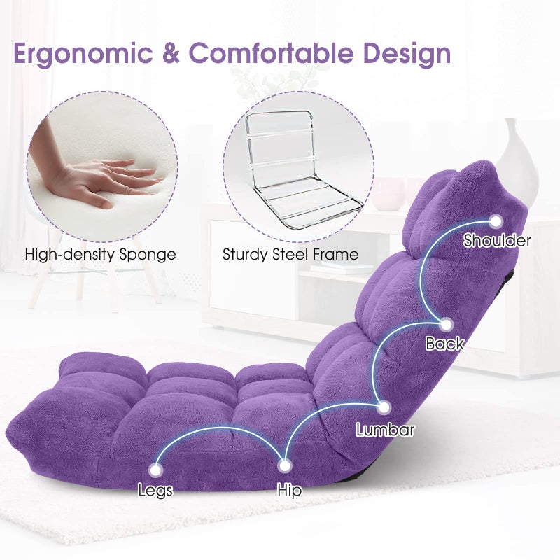 Giantex Floor Chair with Back Support, 14 Adjustable Position, Padded Sleeper Bed, Couch Recliner, Folding Gaming Floor Chairs for Adults, Living Room, Bedroom, Yoga, Meditation, Purple - Image 3