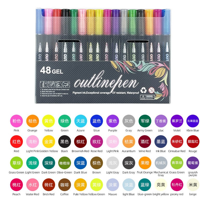 8 Color Contour Pen Double Line Pen Hand Account Pen Ins Internet Celebrity Creative Highlighter Flash Color 12 Color Flash Pen Marking Pen - Image 1