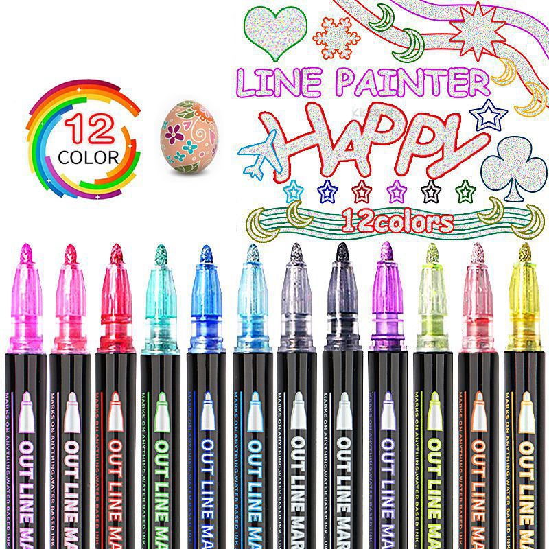 8 Color Contour Pen Double Line Pen Hand Account Pen Ins Internet Celebrity Creative Highlighter Flash Color 12 Color Flash Pen Marking Pen - Image 2