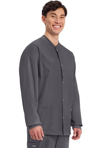 Cherokee Men’s Scrub Jacket Snap Front Medical with 3 Pockets, Knit Cuffs, Soft Fade Resistant 2-Way Stretch - WW360, XL, Pewter - Image 5