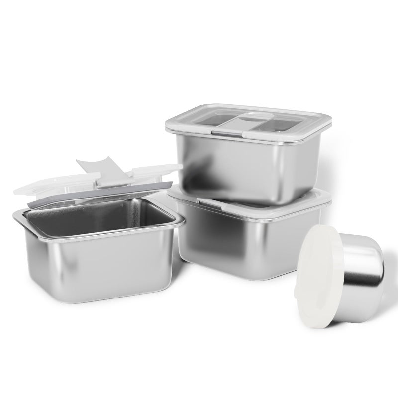 Bakpoco Stainless Steel Snack Containers for Kids, 3 Pack 12.8 oz Leak Proof Small Food Storage Container with PP Lid, 304 Metal Stackable Lunch Box for School and Travel - Image 1