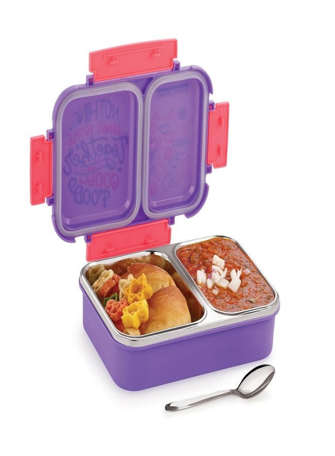STEELLOCK SmartMeal 2 Partition Stainless Steel Insulated Tiffin for Kids & Adults with Spoon | Leak-Proof Lunch Box with Silicone Gasket Lid | Bento Box for School, Boys, Girls & Office 650 ML - Purple. - Image 3