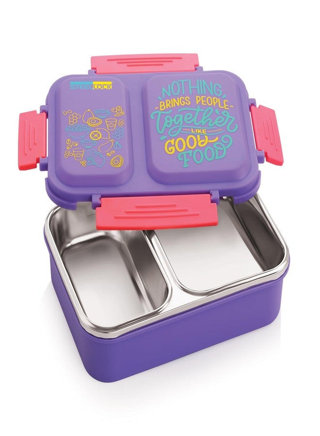 STEELLOCK SmartMeal 2 Partition Stainless Steel Insulated Tiffin for Kids & Adults with Spoon | Leak-Proof Lunch Box with Silicone Gasket Lid | Bento Box for School, Boys, Girls & Office 650 ML - Purple. - Image 2
