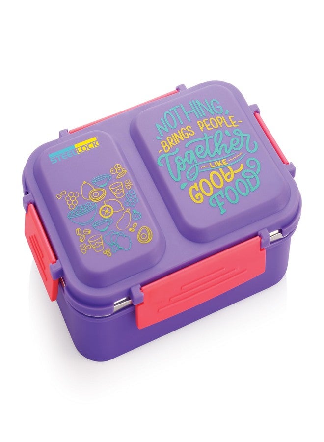 STEELLOCK SmartMeal 2 Partition Stainless Steel Insulated Tiffin for Kids & Adults with Spoon | Leak-Proof Lunch Box with Silicone Gasket Lid | Bento Box for School, Boys, Girls & Office 650 ML - Purple. - Image 4