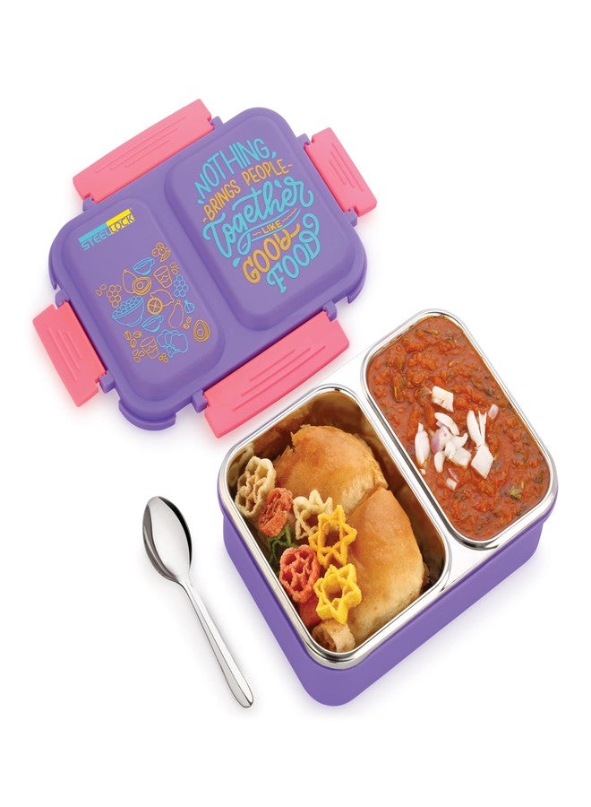 STEELLOCK SmartMeal 2 Partition Stainless Steel Insulated Tiffin for Kids & Adults with Spoon | Leak-Proof Lunch Box with Silicone Gasket Lid | Bento Box for School, Boys, Girls & Office 650 ML - Purple. - Image 1