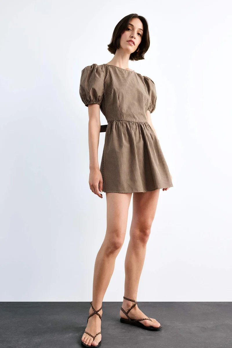 ديفاكتو Slim Fit Plaid Poplin Balloon Sleeves Dress
