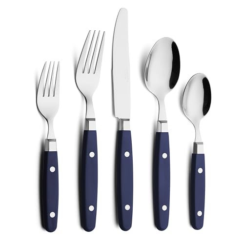 ANNOVA Silverware Set RetroRivet Colorful Stainless Steel Tableware Kitchen Flatware Set Utensils Includes Dinner Knives Forks Spoons Salad Forks Dessert Spoons Navy Blue 20 Pieces - Image 1