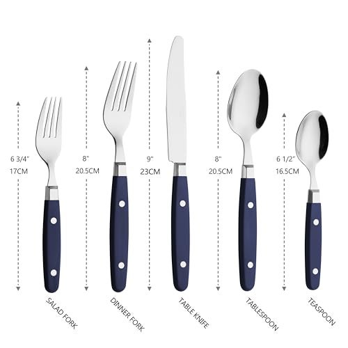ANNOVA Silverware Set RetroRivet Colorful Stainless Steel Tableware Kitchen Flatware Set Utensils Includes Dinner Knives Forks Spoons Salad Forks Dessert Spoons Navy Blue 20 Pieces - Image 3