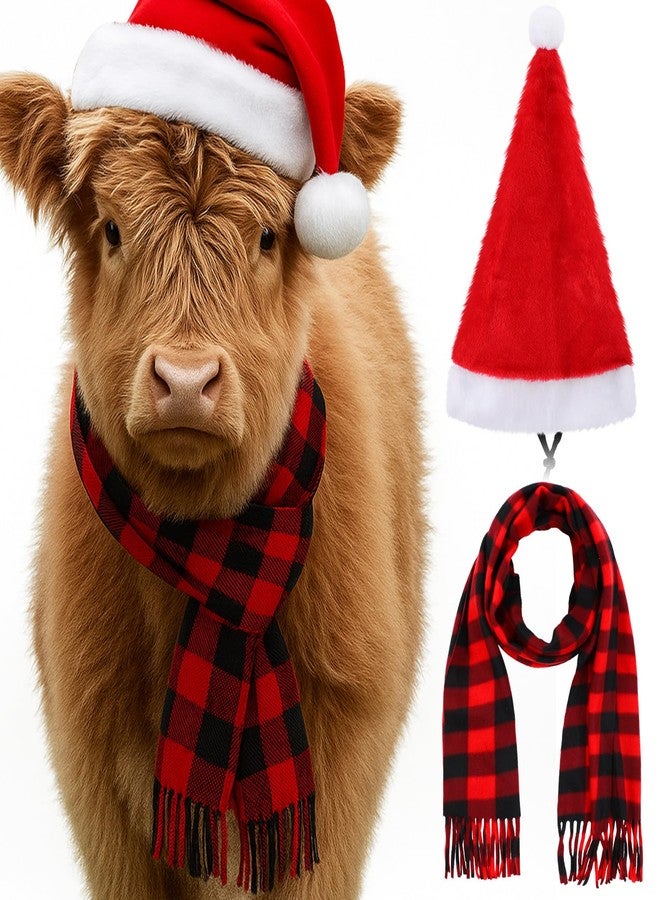 Shinylin 2 Pcs Christmas Mini Highland Cow Costumes, Cattle Santa Hat with Adjustable Straps, Red and Black Checkered Scarf, Mini Cow Costume Accessories for Holiday Party Supplies - Image 1