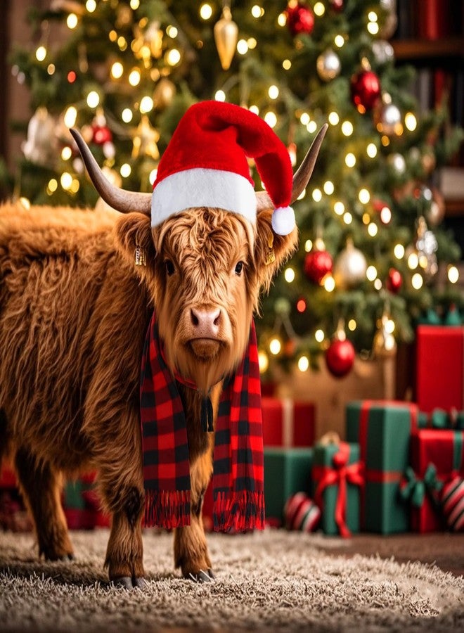 Shinylin 2 Pcs Christmas Mini Highland Cow Costumes, Cattle Santa Hat with Adjustable Straps, Red and Black Checkered Scarf, Mini Cow Costume Accessories for Holiday Party Supplies - Image 4