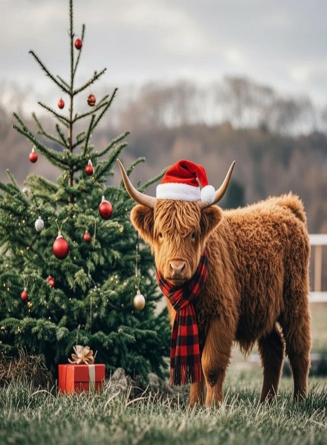 Shinylin 2 Pcs Christmas Mini Highland Cow Costumes, Cattle Santa Hat with Adjustable Straps, Red and Black Checkered Scarf, Mini Cow Costume Accessories for Holiday Party Supplies - Image 5