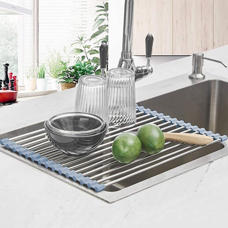 Seropy Roll Up Dish Drying Rack, Over The Sink Dish Drying Rack Kitchen Rolling Dish Drainer, Foldable Sink Rack Mat Stainless Steel Wire Dish Drying Rack for Kitchen Sink Counter Storage 17.5x11.8 - Image 2