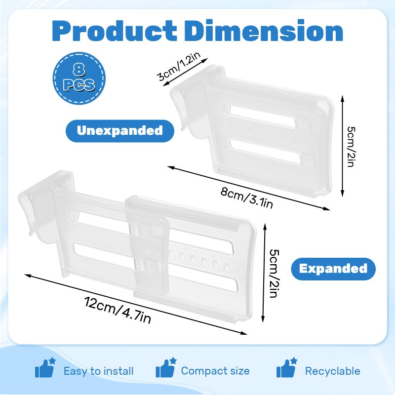 ASTIMESA 8 Pcs Adjustable Clear Fridge Divider Set, Retractable Fridge Door Organizer Clip, Snap-On Unexpanded: 3.1 x 1.9 Inches (8 x 5 cm) Expanded: 4.7 x 1.9 Inches (12 x 5 cm) - Image 2