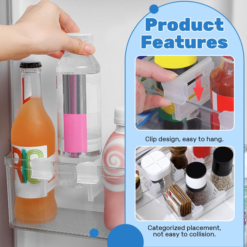 ASTIMESA 8 Pcs Adjustable Clear Fridge Divider Set, Retractable Fridge Door Organizer Clip, Snap-On Unexpanded: 3.1 x 1.9 Inches (8 x 5 cm) Expanded: 4.7 x 1.9 Inches (12 x 5 cm) - Image 3