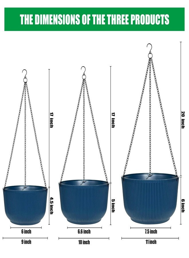 RooTrimmer Hanging Plant Pots 3 Pack, Self Watering Dark Blue Flower Hanging Basket, Plant Hanger Indoor Outdoor for Garden Home Decor with Drainage Hole, 9 Inch, 10 Inch & 11 Inch - Image 4