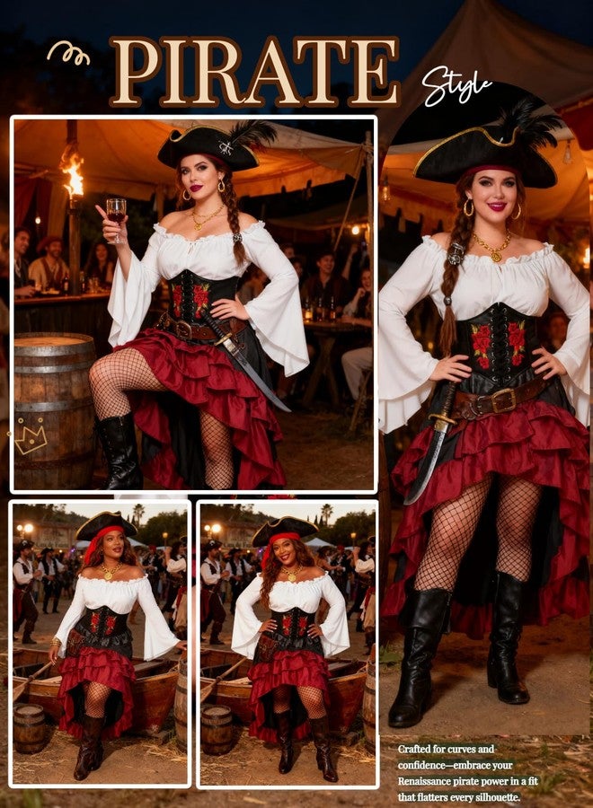 Verceco Womens Pirate Costume Outfit Pirate Costumes for Adult Women Teens Renaissance Shirt and Dress for Halloween Cosplay Party (White+Red, M) - Image 3