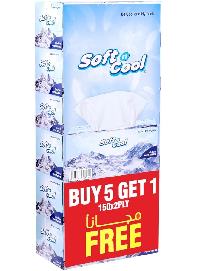 Soft n Cool مناديل وجه ناعمة وباردة 200 ورقة × 2 طبقة عبوة من 5 + 1 مجاناً 