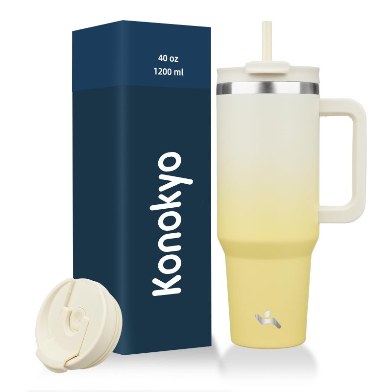 Konokyo 40 oz Tumbler with Handle and 2 Straws,2 in 1 Lid Insulated Water Bottle Stainless Steel Travel Coffee Mug,Lemon - Image 1