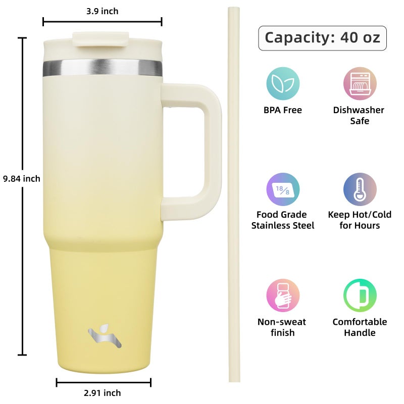 Konokyo 40 oz Tumbler with Handle and 2 Straws,2 in 1 Lid Insulated Water Bottle Stainless Steel Travel Coffee Mug,Lemon - Image 4