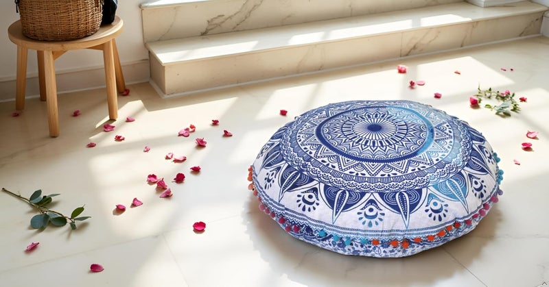 CRAFT KALA كرافت كالا 22 بوصة وسادة ماندالا بوهو مستديرة، وسائد جلوس لغرفة التأمل الهندية، لغرفة المعيشة، غرفة اليوغا، ديكور المنزل، غرفة النوم، الشرفة، حديقة الحفلات، ديكور، غطاء وسادة أرضية قطنية (تريشول أزرق) - Image 4