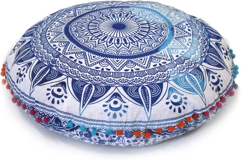 CRAFT KALA كرافت كالا 22 بوصة وسادة ماندالا بوهو مستديرة، وسائد جلوس لغرفة التأمل الهندية، لغرفة المعيشة، غرفة اليوغا، ديكور المنزل، غرفة النوم، الشرفة، حديقة الحفلات، ديكور، غطاء وسادة أرضية قطنية (تريشول أزرق) - Image 5