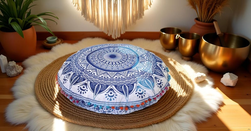 CRAFT KALA كرافت كالا 22 بوصة وسادة ماندالا بوهو مستديرة، وسائد جلوس لغرفة التأمل الهندية، لغرفة المعيشة، غرفة اليوغا، ديكور المنزل، غرفة النوم، الشرفة، حديقة الحفلات، ديكور، غطاء وسادة أرضية قطنية (تريشول أزرق) - Image 3