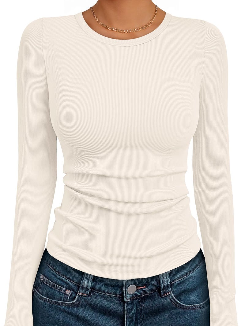 AUTOMET Women's Ribbed Long Sleeve Basic Top - Soft Stretch Crewneck Shirt for Work & Casual Beige XS - Image 1
